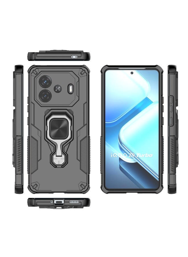 Case For Vivo iQOO Z9 Turbo Plus 5G  ,- Shockproof Dual Protection Brushed Cover - With Ultra Protection For Camera  - Case Slip-Resistant With Metal Ring - Black - Image 3