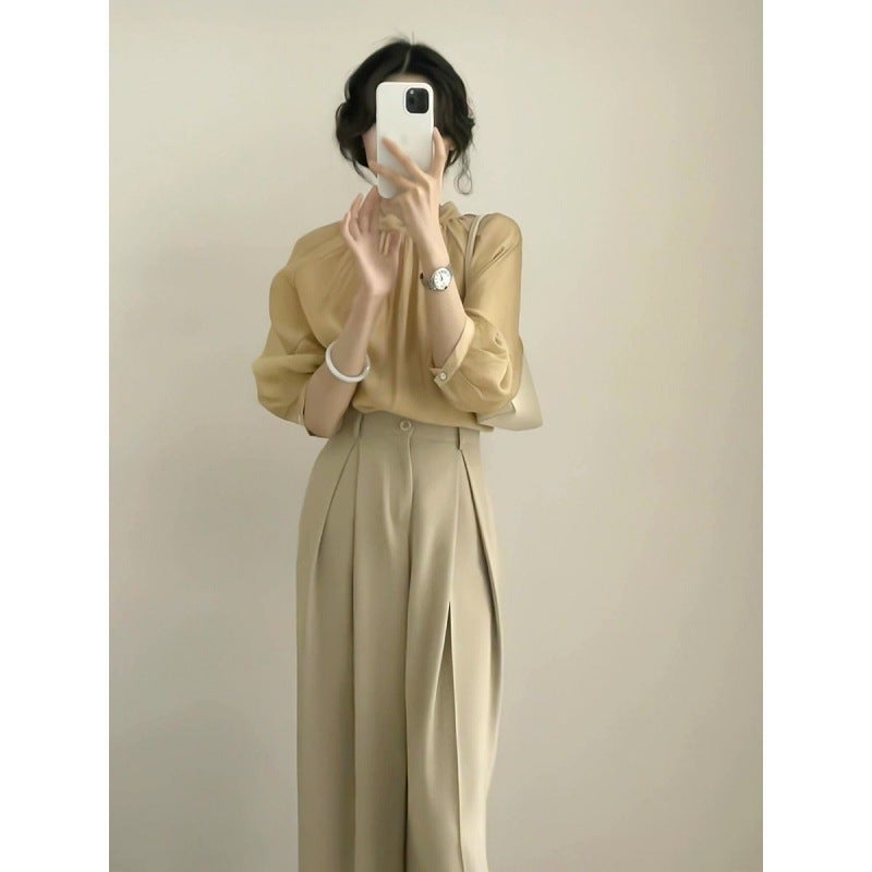 2024 Summer New French Fashion Top Womens High Waist Slimming Casual Pants Internet Popular Two-piece Set for Small Men khaki Top Pants