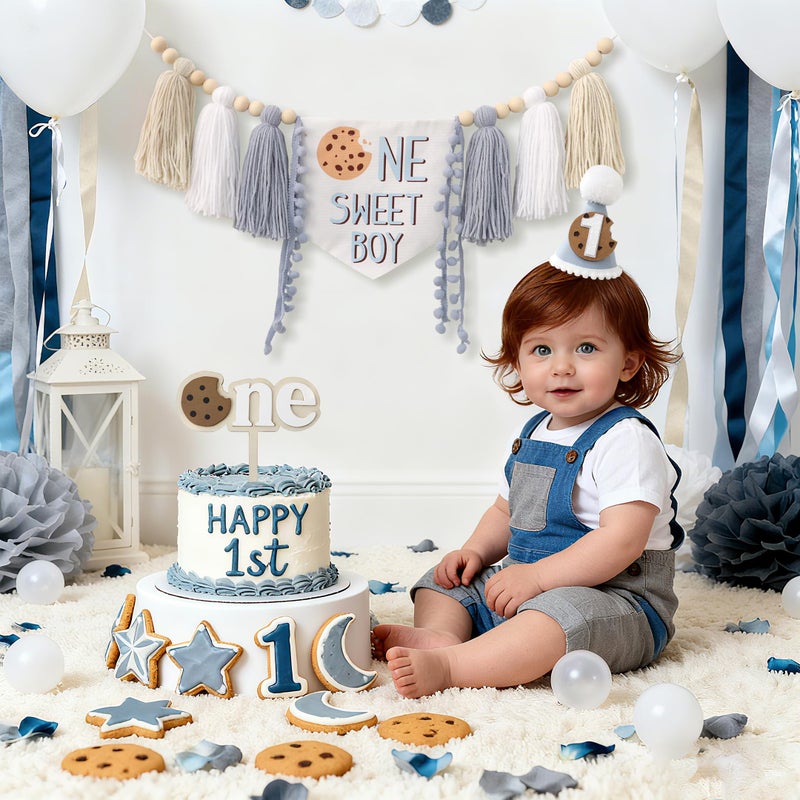 DCJHFJ Cookies One Sweet Boy High Chair Banner For Cookies Theme 1st Birthday Party Decorations With Birthday Hat - Image 3