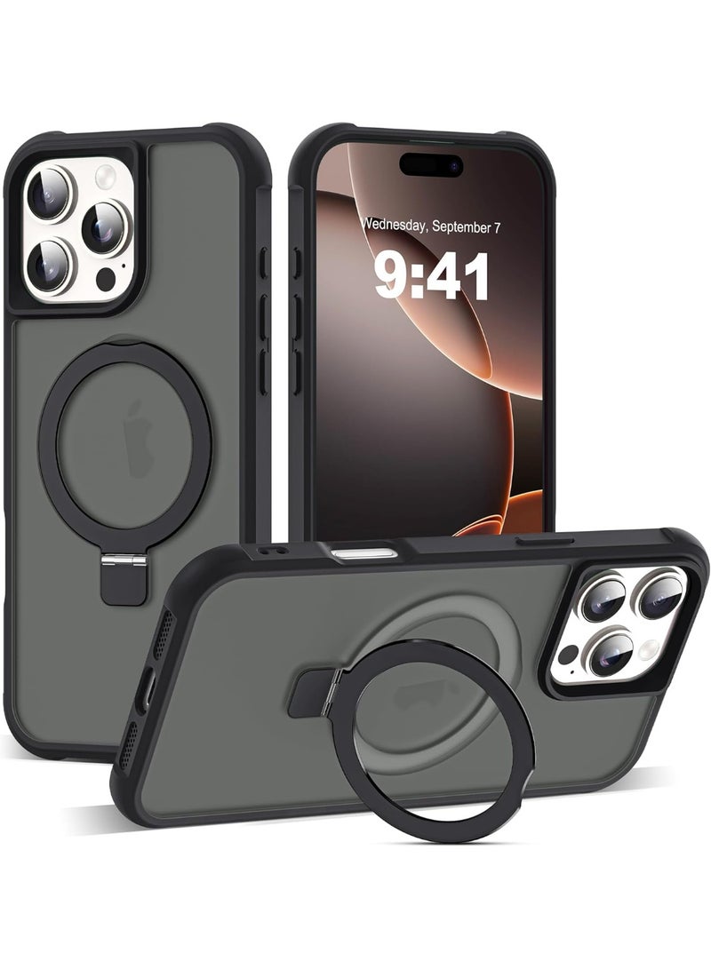 جراب مغناطيسي لهاتف iPhone 16 Pro Max مع حامل حلقي، [حماية من السقوط حتى 10 أقدام] [ملمس مخملي] جراب هاتف نحيف شفاف غير لامع مقاوم للصدمات لهاتف iPhone 16 Pro Max 6.9 بوصة، أسود - Image 1