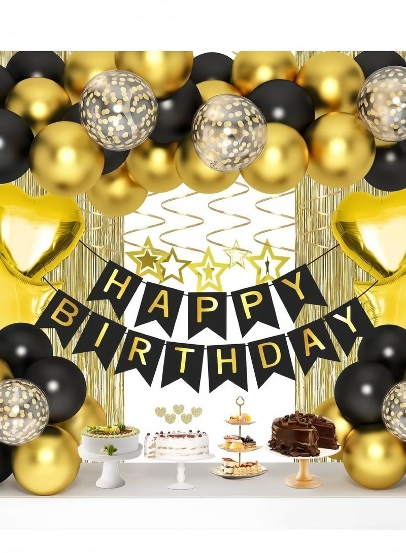 سباركسبروت زينة حفلة عيد ميلاد باللونين الأسود والذهبي، طقم زينة للحفلات مكون من 64 قطعة، يشمل لافتة عيد ميلاد سعيد، بالونات كونفيتي مقاس 12 بوصة، بالونات معدنية باللونين الأسود والذهبي مقاس 12 بوصة، بالونات على شكل قلب ونجمة، ستارة شرائط ذهبية، ودوامات معلقة، وشريط، ونقاط غراء، وزينة كيك، مناسب للفتيات والنساء والرجال والأطفال. - Image 2