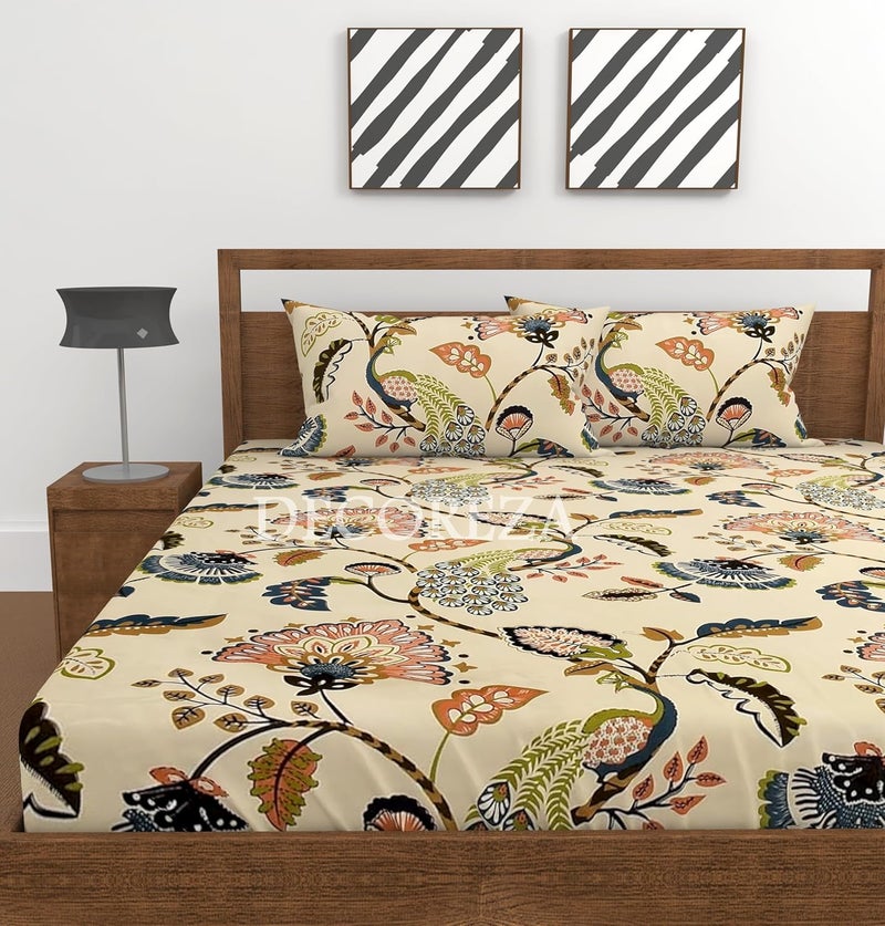 DECOREZA 300 TC All Around Cotton Floral Elastic Fitted Bedsheets Queen Size,Premium with Elastic Fitted Bedsheets for Double Bed with 2 Pillow Covers,Size 78" X 60"(Anokhi Beige) - Image 2