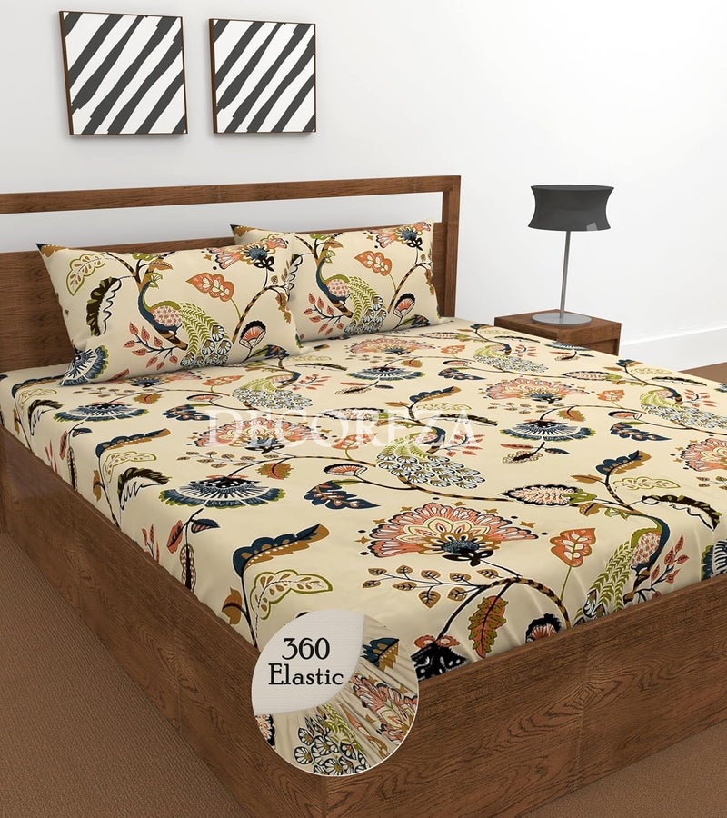 DECOREZA 300 TC All Around Cotton Floral Elastic Fitted Bedsheets Queen Size,Premium with Elastic Fitted Bedsheets for Double Bed with 2 Pillow Covers,Size 78" X 60"(Anokhi Beige) - Image 1