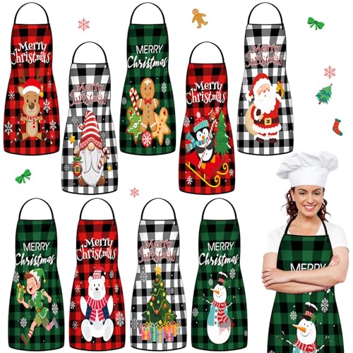 JenPen 9 Pcs Christmas Aprons Adjustable Funny Holiday Plaid Aprons Bulk Cute Kitchen Cooking Apron Gifts for Women Men for Baking Chef Xmas Party Supplies - Image 1