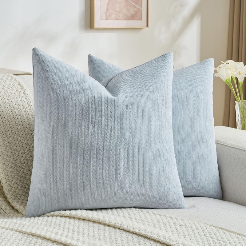 FUTEI Light Blue Decorative Throw Pillow Covers 18x18 Inch Set of 2,Soft Cozy Wheat Ear Striped Patterns Cushion Cases,Modern Home Decor for Couch Bed Living Room - Image 1