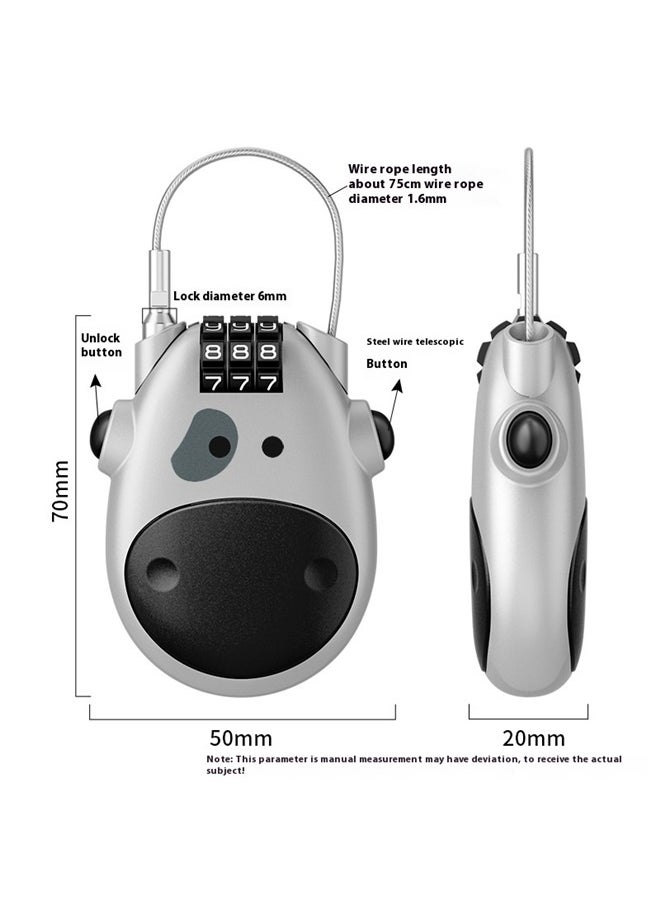 yongsheng Mini Bicycle Lock ,Creative Cute Cow Digital Code Combination Password Mini Lock, Adjustable Cable Lock for Suitcase, Baggage, Cabinet, Stroller, Scooter, Skateboard, Bicycle, Travel Backpack - Silver  - Image 2