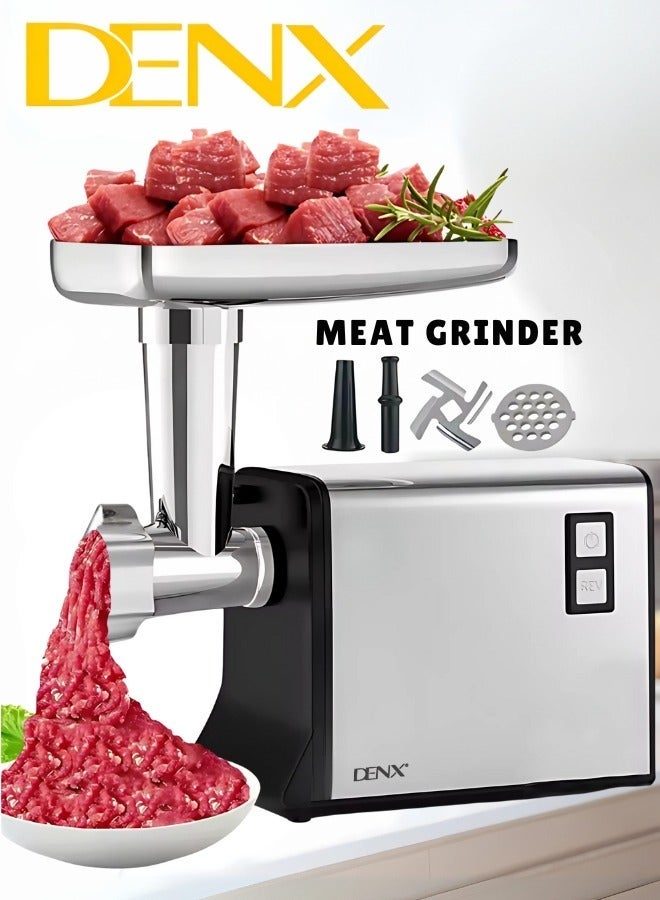 Denx Meat Grinder, Electric Meat Grinder with Stainless Steel Blade, 1200W, Silver - Image 2