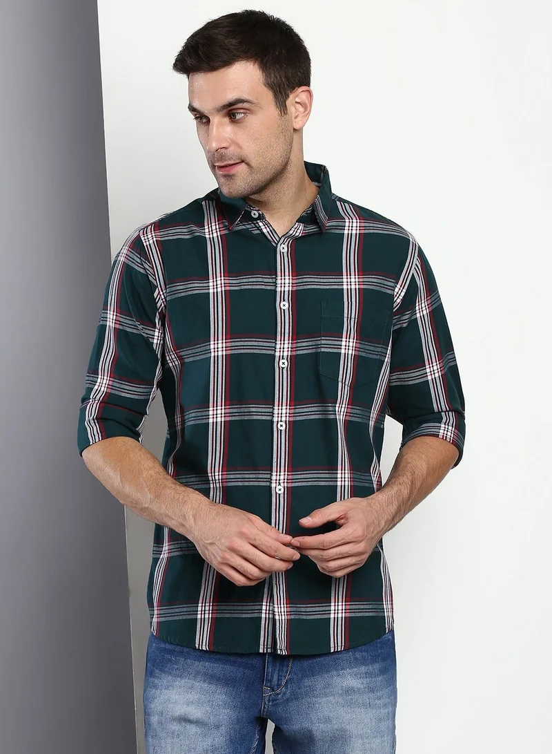 Slim Fit B-Green Men's Checkered Shirt, Spread Collar, Full Sleeves, Cotton,