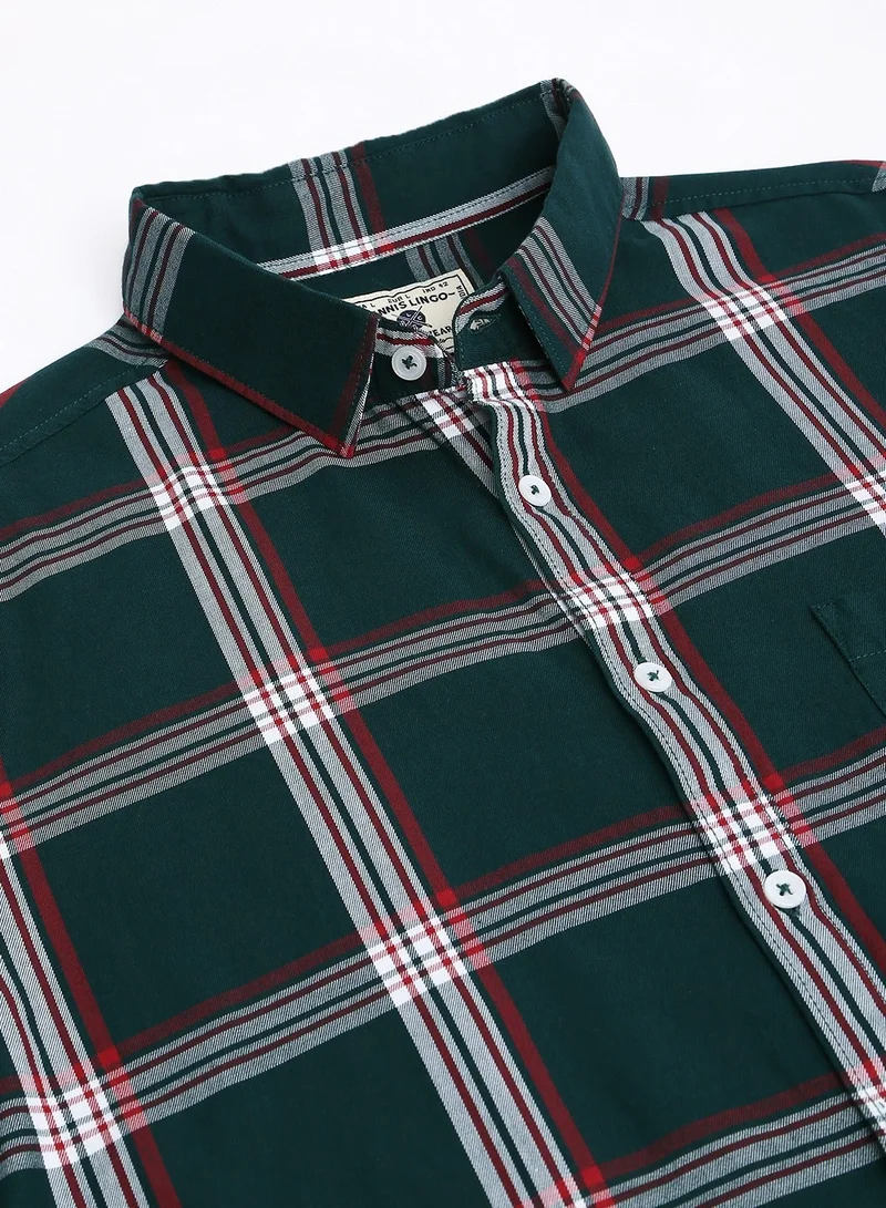 Dennis Lingo Slim Fit B-Green Men's Checkered Shirt, Spread Collar, Full Sleeves, Cotton,