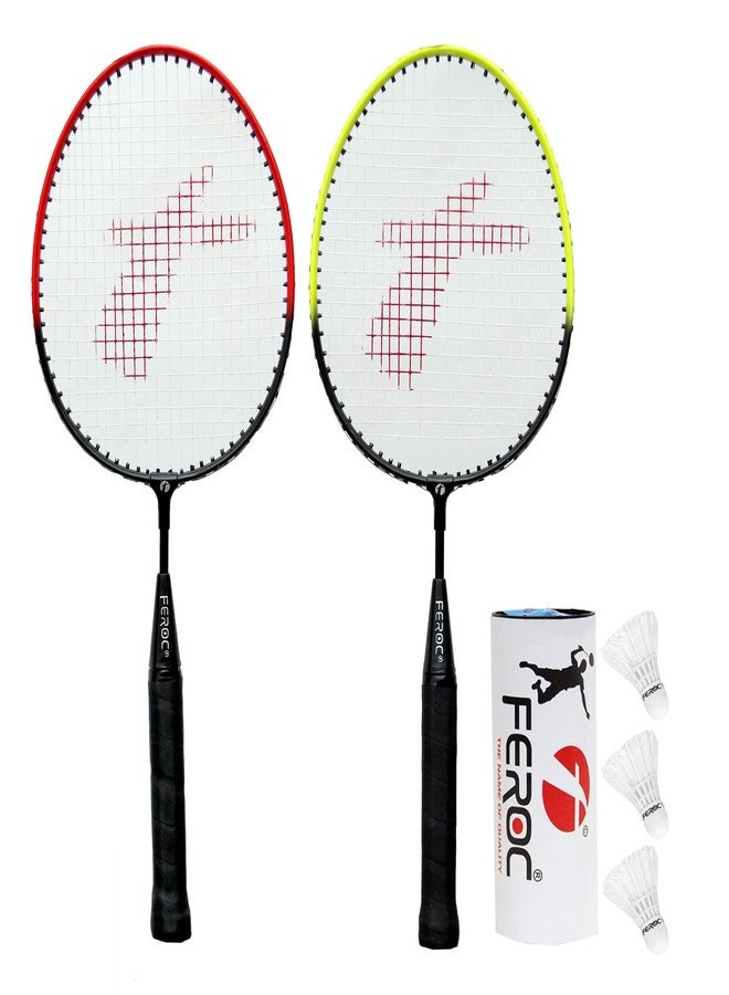 FEROC Kid's Aluminum Badminton Racquet, Set of 2 with 3 Pieces Feather Shuttles - Multicolour - Image 1