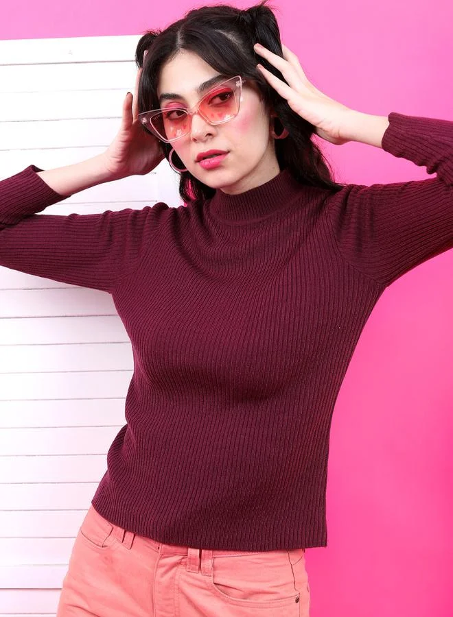 Tokyo Talkies Solid High Neck Ribbed Sweater by Styli