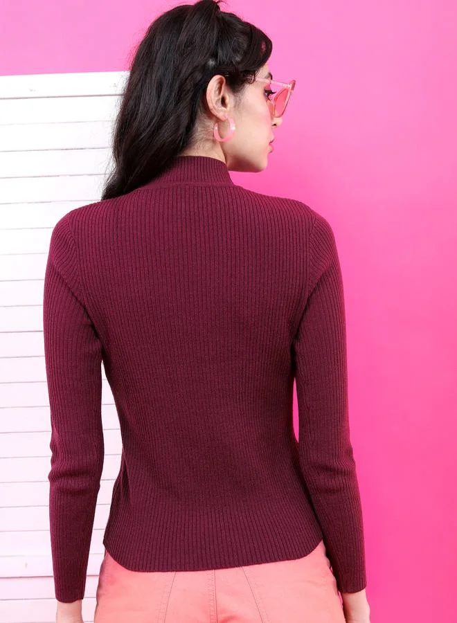 Tokyo Talkies Solid High Neck Ribbed Sweater by Styli