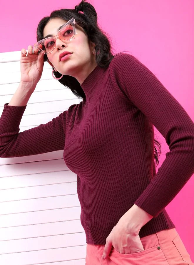Tokyo Talkies Solid High Neck Ribbed Sweater by Styli