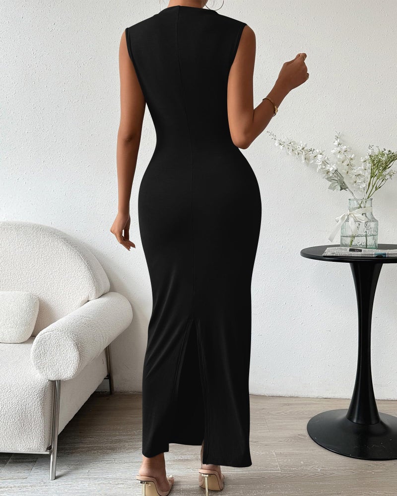 BTFBM Women Ruched Bodycon Maxi Dresses Summer Casual Sleeveless Lightweight Slit Elegant Cocktail Wedding Guest Dress(Black, Small) - Image 4