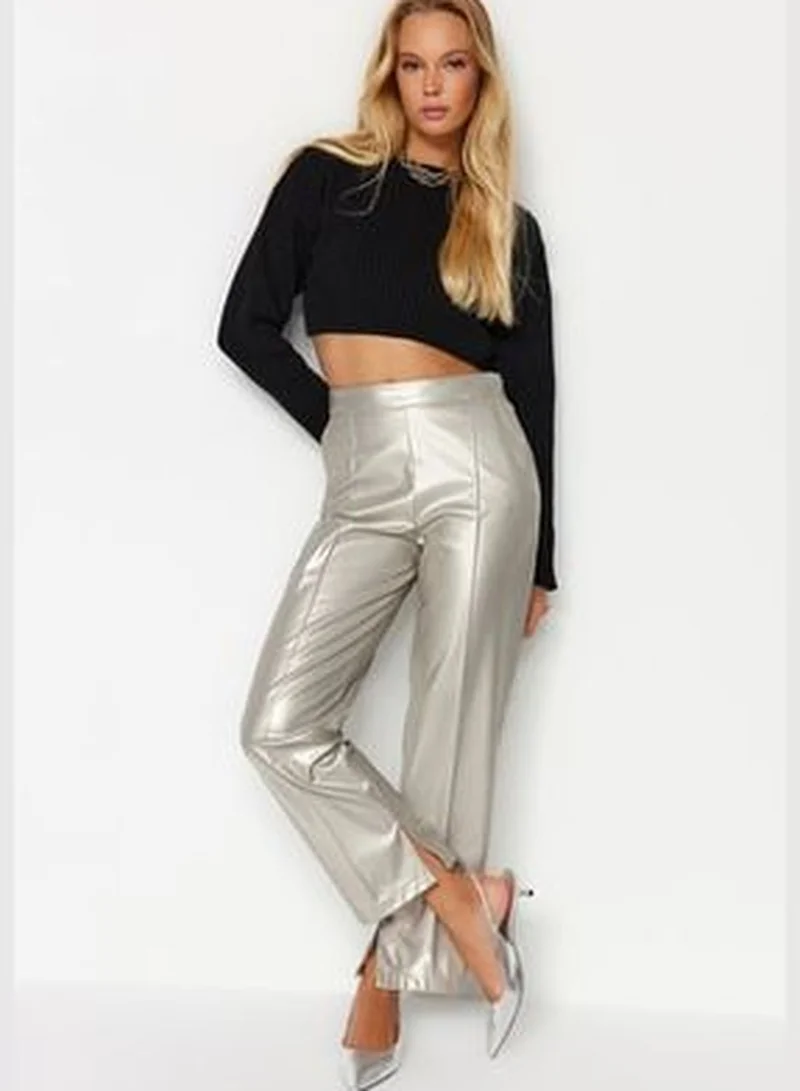 trendyol Gray Faux Leather High Waist Straight Woven Trousers TWOAW24PL00052