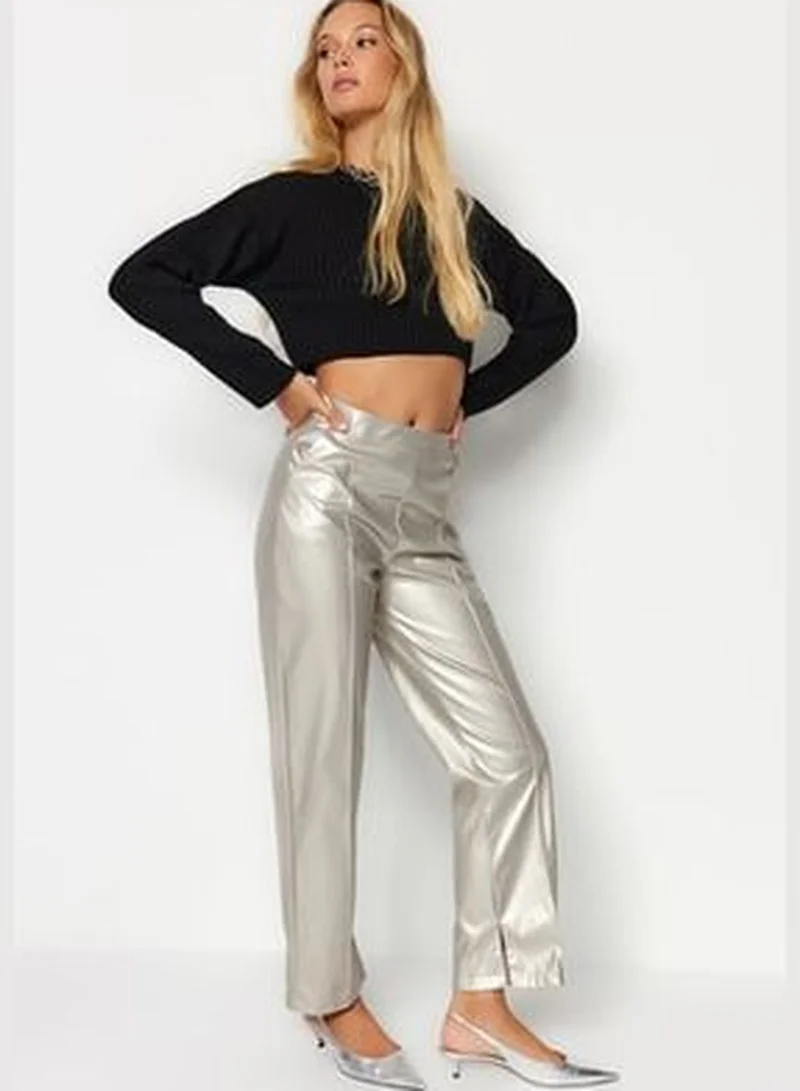 trendyol Gray Faux Leather High Waist Straight Woven Trousers TWOAW24PL00052