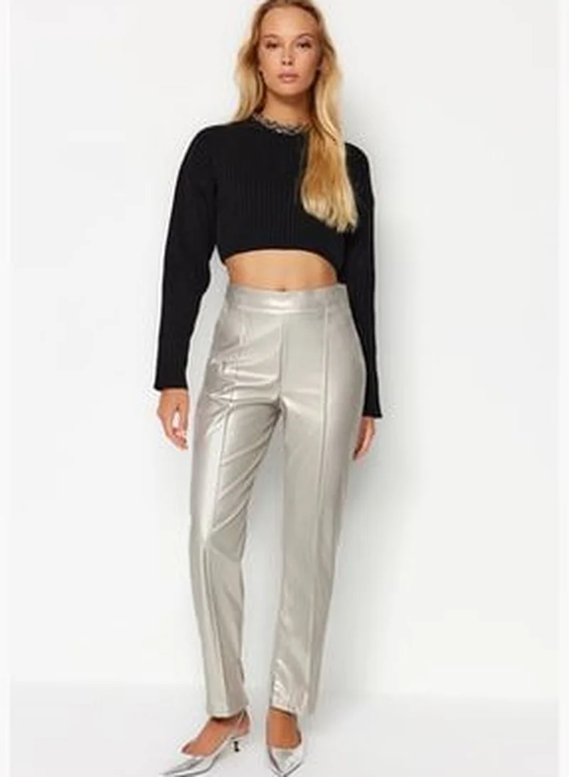 trendyol Gray Faux Leather High Waist Straight Woven Trousers TWOAW24PL00052