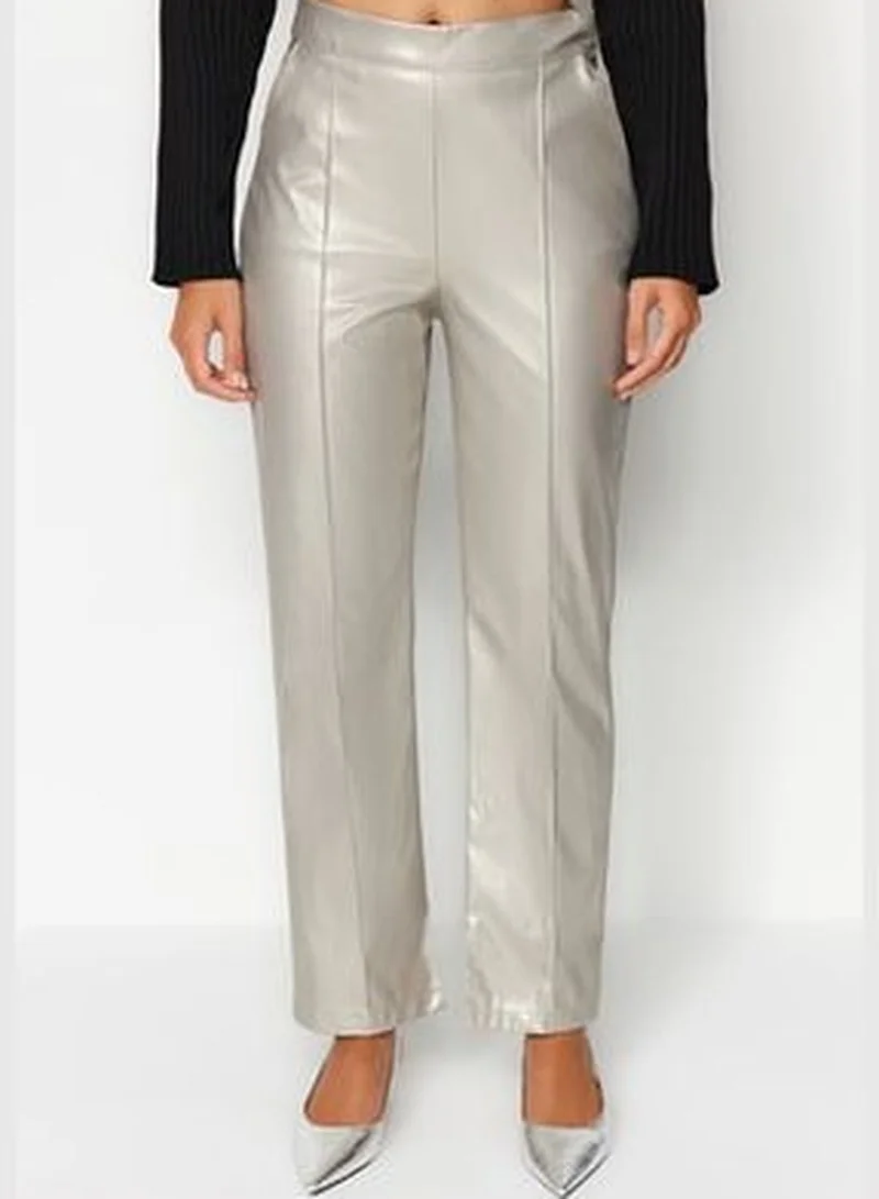trendyol Gray Faux Leather High Waist Straight Woven Trousers TWOAW24PL00052