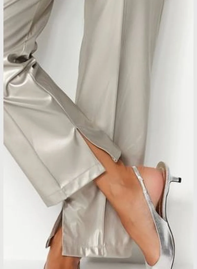 trendyol Gray Faux Leather High Waist Straight Woven Trousers TWOAW24PL00052