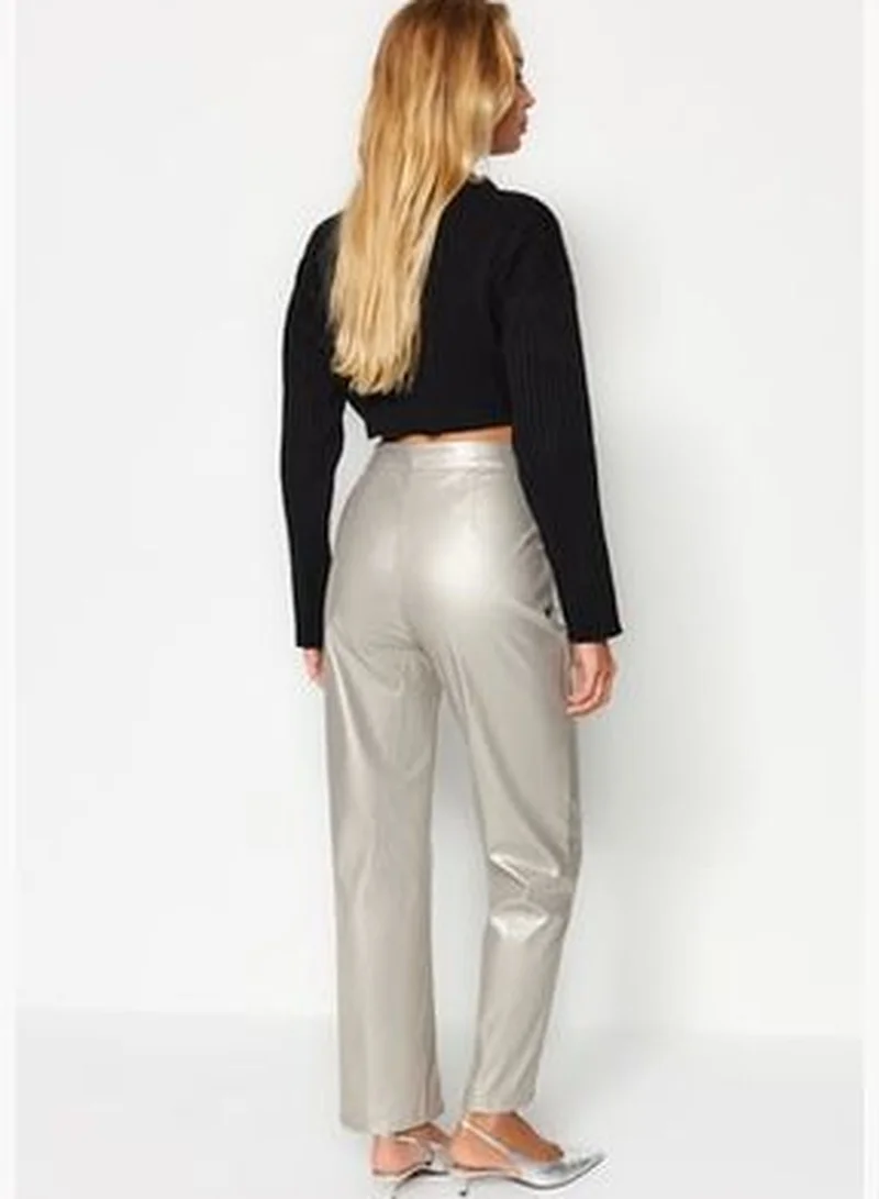 trendyol Gray Faux Leather High Waist Straight Woven Trousers TWOAW24PL00052
