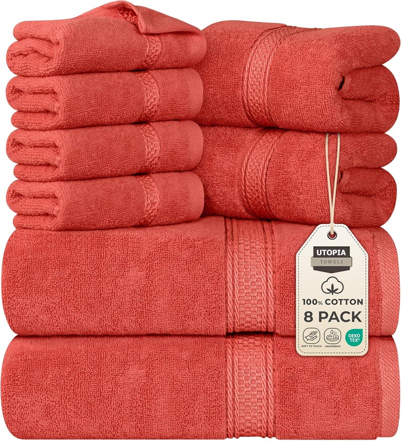 Utopia Towels 8-Piece Premium Towel Set, 2 Bath Towels, 2 Hand Towels, and 4 Wash Cloths, 600 GSM 100% Ring Spun Cotton Highly Absorbent Towels for Bathroom, Gym, Hotel, and Spa (Coral) - Image 1