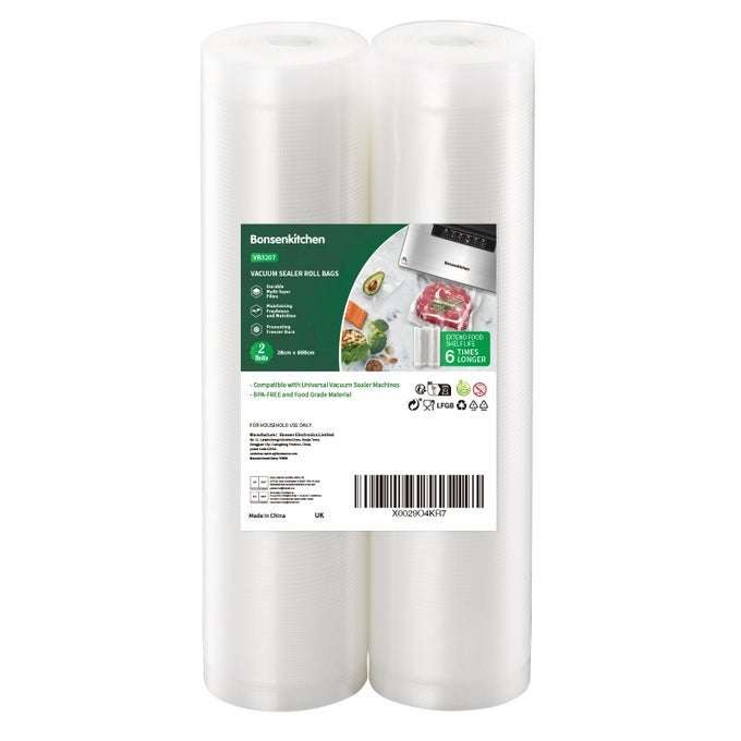 VACUUM SEALER ROLLS BAGS 2 PACKS 28 CM X 600 M STORAGE BAGS TOTAL 12 M BPA FREE DURABLE COMMERCIAL CUSTOMIZED SIZE FOR FOOD STORAGE AND SOUS VIDE COOKING VB3207