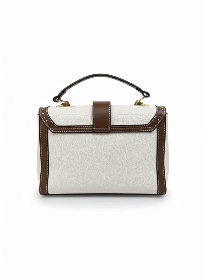Handbag, Off-White and Brown, Faux Leather, Top Handle with Crossbody Strap, Gold Studded Hardware - Image 2