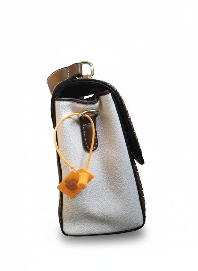 Handbag, Off-White and Brown, Faux Leather, Top Handle with Crossbody Strap, Gold Studded Hardware - Image 4