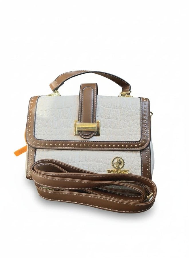 Handbag, Off-White and Brown, Faux Leather, Top Handle with Crossbody Strap, Gold Studded Hardware - Image 1