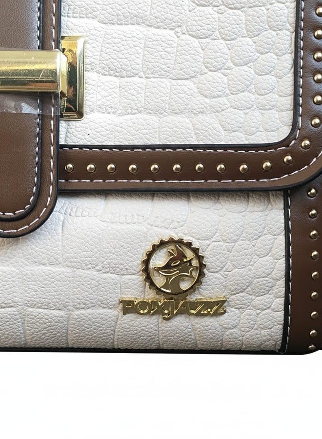Handbag, Off-White and Brown, Faux Leather, Top Handle with Crossbody Strap, Gold Studded Hardware - Image 3