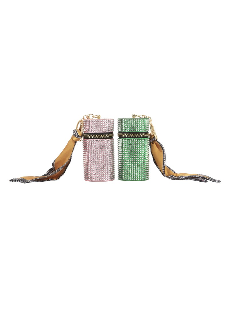 SYOSI 2 PCS Lipstick Keychain Holder Sparkling Rhinestone Lipstick Case with Keychain - Portable Lipstick Sleeve Pouch Lip Balm Holder Leather Lip Gloss Bag for Travel and Daily Use Pink and Green  - Image 1