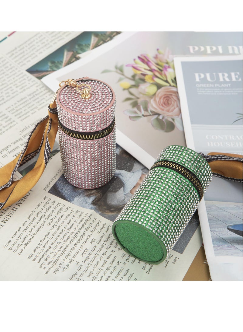 SYOSI 2 PCS Lipstick Keychain Holder Sparkling Rhinestone Lipstick Case with Keychain - Portable Lipstick Sleeve Pouch Lip Balm Holder Leather Lip Gloss Bag for Travel and Daily Use Pink and Green  - Image 4