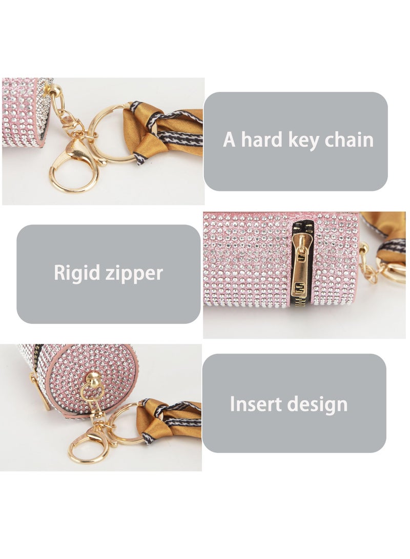 SYOSI 2 PCS Lipstick Keychain Holder Sparkling Rhinestone Lipstick Case with Keychain - Portable Lipstick Sleeve Pouch Lip Balm Holder Leather Lip Gloss Bag for Travel and Daily Use Pink and Green  - Image 3