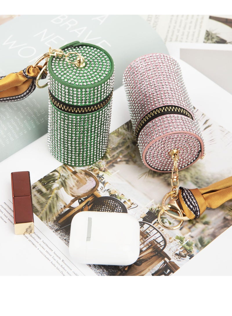 SYOSI 2 PCS Lipstick Keychain Holder Sparkling Rhinestone Lipstick Case with Keychain - Portable Lipstick Sleeve Pouch Lip Balm Holder Leather Lip Gloss Bag for Travel and Daily Use Pink and Green  - Image 5