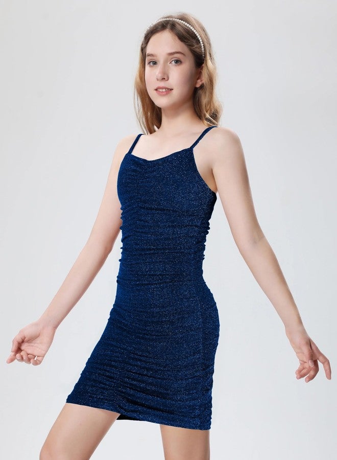 EXARUS Girls Formal Long Sleeve/Spaghetti Strap Dress Teen Party Dance Tween Juniors Tight Cute Bodycon Short Dresses, Sparkly Blue, 8 Years - Image 2