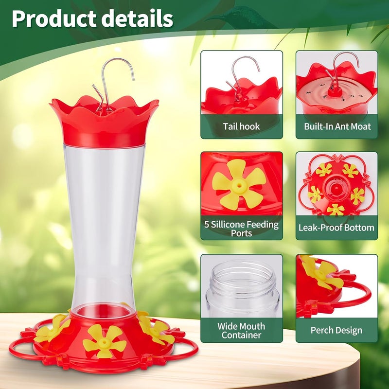 HUISPARK Hummingbird Feeders for Outdoors Hanging,2 Pack Humming Birds Feeders for Outside,Wild Bird Feeder for Outside Garden Yard Patio 13.5OZ,Plastic Bird Feeders 5 Feeding Ports Bird Nectar Feeder - Image 4
