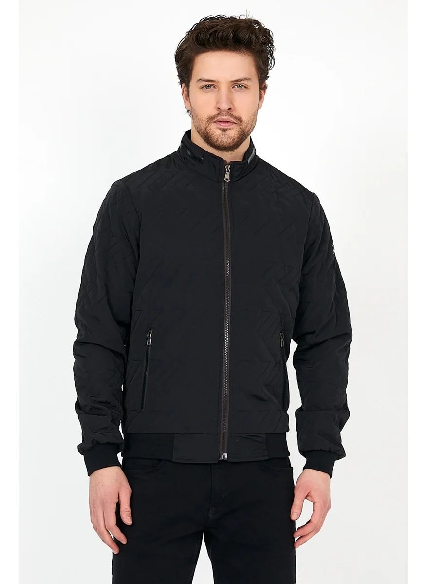 Sivaist Men's Black Seasonal Knitwear and Leather Piping Detailed Zippered Inside Pocket Coat & Jacket