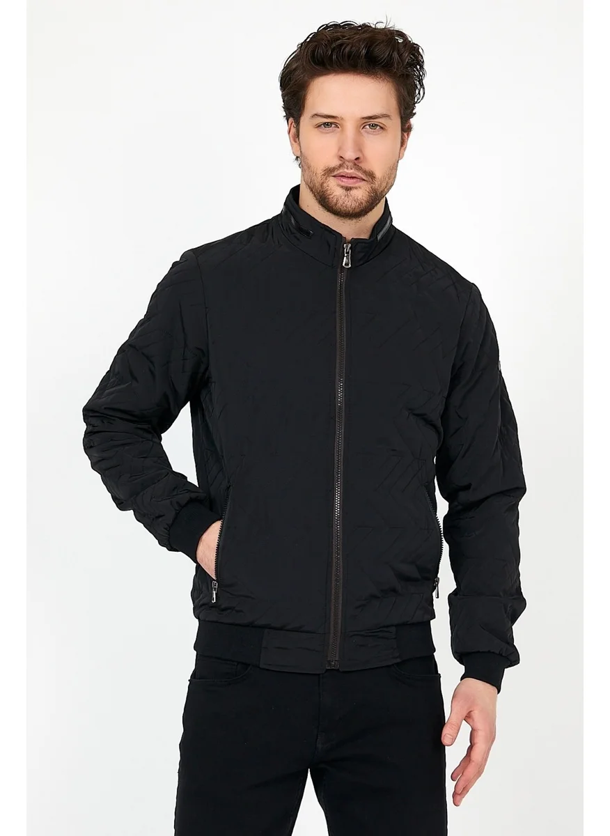 Sivaist Men's Black Seasonal Knitwear and Leather Piping Detailed Zippered Inside Pocket Coat & Jacket