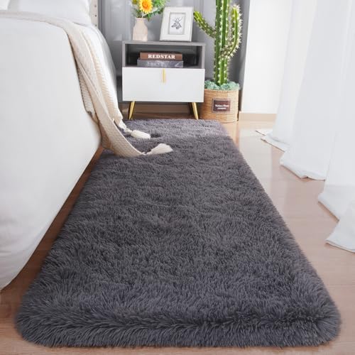Chicrug Soft Runner Rugs for Bedroom Living Room Plush Fluffy Rugs 2x6 Feet Shag Furry Area Rug Carpet Non Shedding for Nursery Children Kids Girls Room Home DecorativeCoal Grey - Image 1
