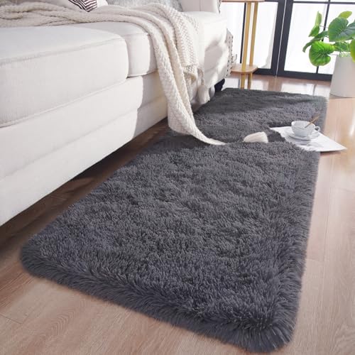 Chicrug Soft Runner Rugs for Bedroom Living Room Plush Fluffy Rugs 2x6 Feet Shag Furry Area Rug Carpet Non Shedding for Nursery Children Kids Girls Room Home DecorativeCoal Grey - Image 3