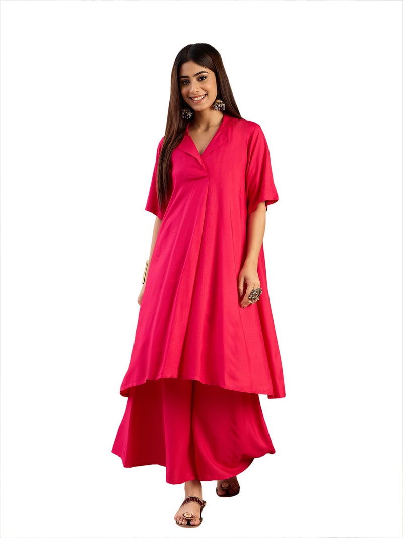 InWeave Women Fuchsia Collaround Neck Kurta Set - Image 1