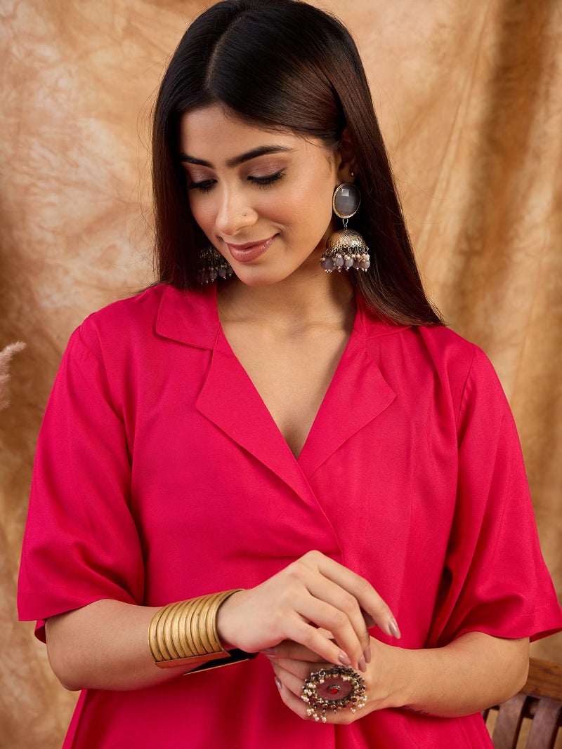 InWeave Women Fuchsia Collaround Neck Kurta Set - Image 5
