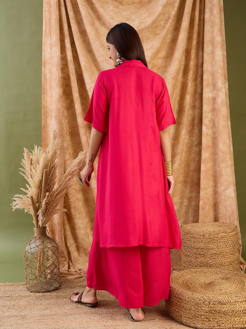 InWeave Women Fuchsia Collaround Neck Kurta Set - Image 4