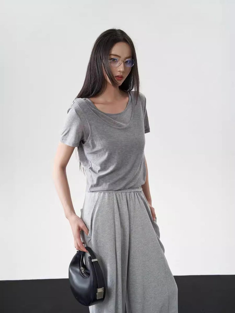 Dtwo Spring And Short-Sleeved Fake Two-Piece Street Casual Loose Short Cotton Breathable Top T-Shirt For Women - Image 3