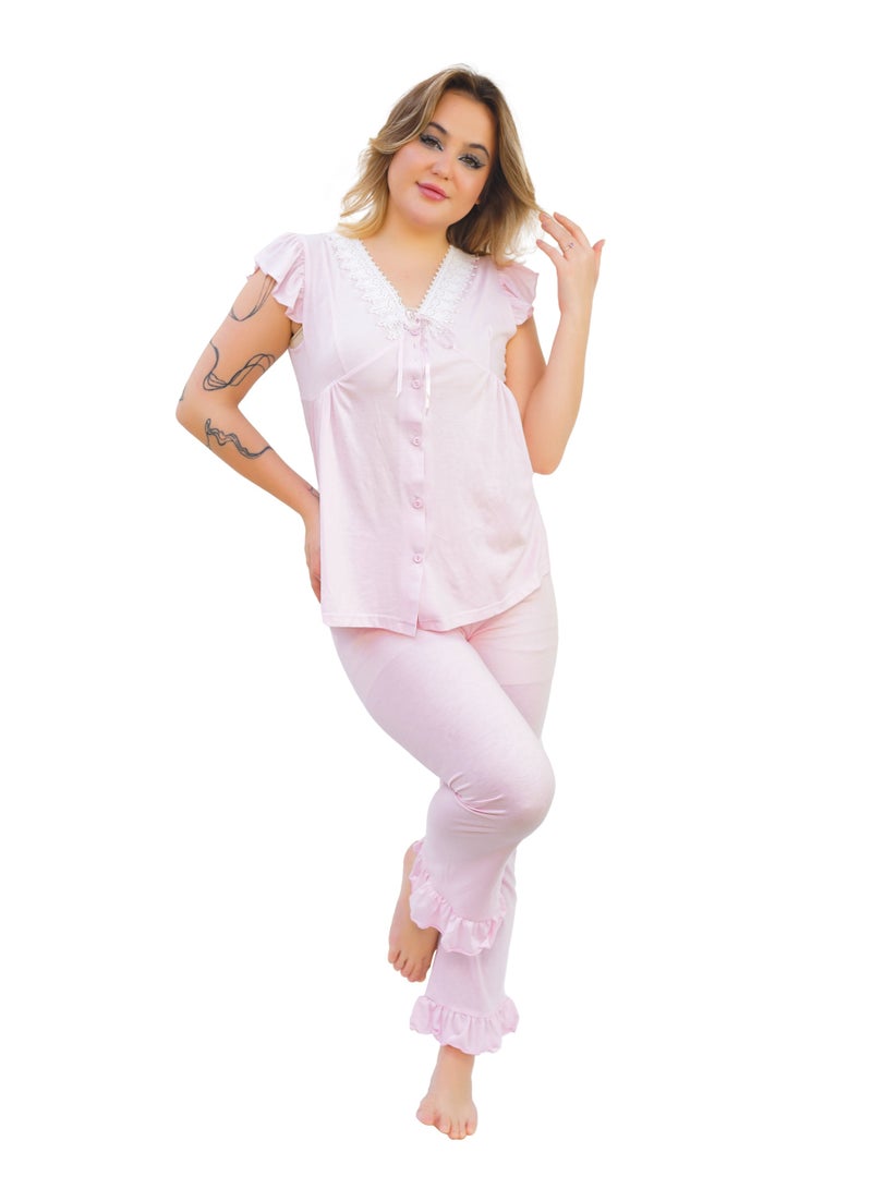 Dadoush Cotton Embroidered Women's Pajama Set – Soft Lounge Wear – Short Sleeve Top & Full-Length Pants – Sizes M to 2XL - Image 3