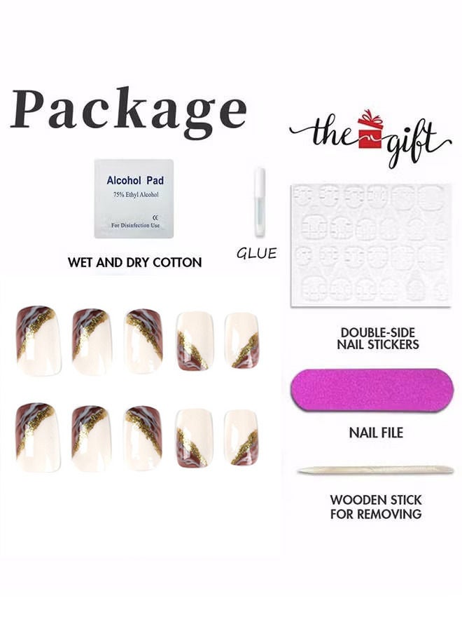 اضغط على الأظافر، 24 قطعة من الأظافر الزائفة المربعة القصيرة اللامعة الأرجوانية ذات الطرف الفرنسي من الأظافر الصناعية مع تصميمات ذهبية لامعة أظافر صناعية عارية للنساء والفتيات، أكريليك زائف للنساء وال - Image 5