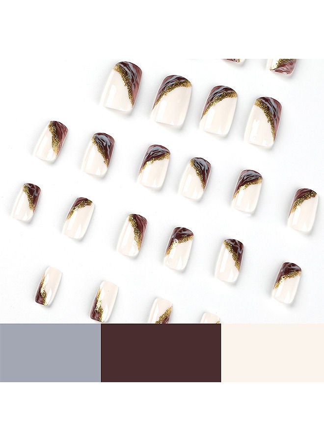 اضغط على الأظافر، 24 قطعة من الأظافر الزائفة المربعة القصيرة اللامعة الأرجوانية ذات الطرف الفرنسي من الأظافر الصناعية مع تصميمات ذهبية لامعة أظافر صناعية عارية للنساء والفتيات، أكريليك زائف للنساء وال - Image 4