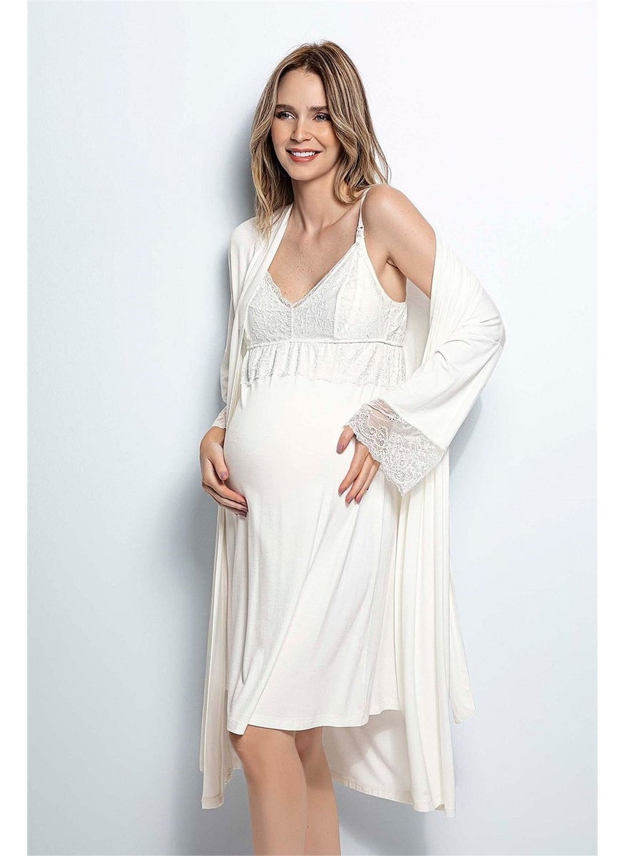 Monamise Women's Ecru Maternity Nightgown and Dressing Gown Set 18429  - Image 1