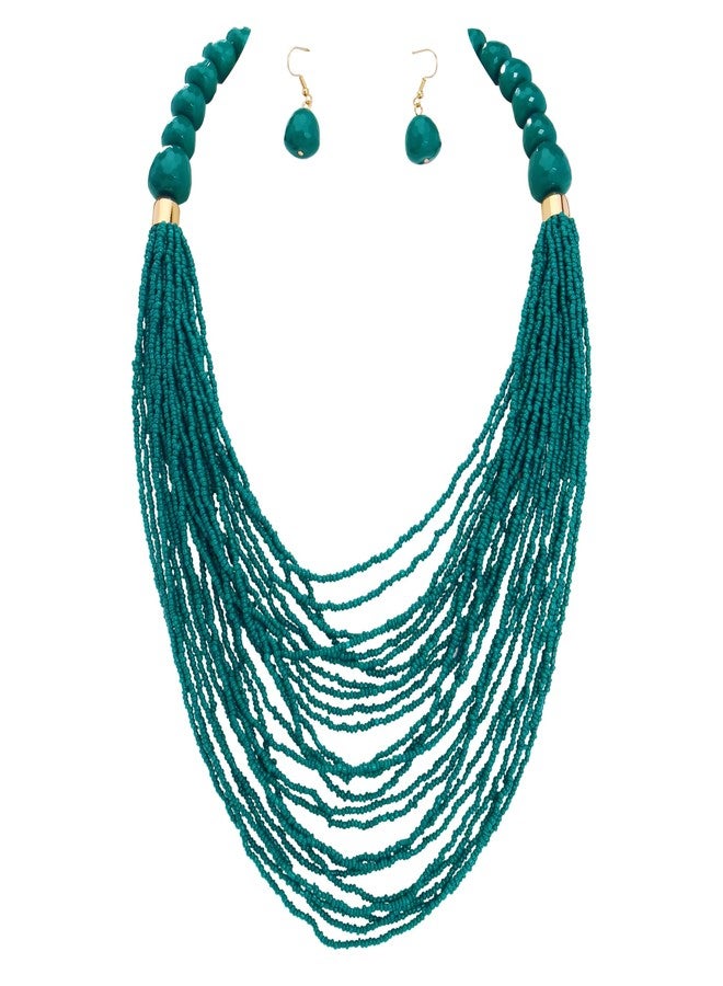 بوكار طقم عقد وأقراط من بوكار متعدد الطبقات بتصميم سلسلة طويلة وخرز سميك، هدية مثالية للنساء (NK-10693-Teal-set) - Image 1