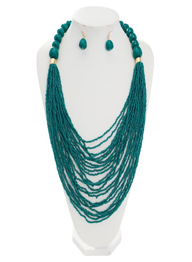 بوكار طقم عقد وأقراط من بوكار متعدد الطبقات بتصميم سلسلة طويلة وخرز سميك، هدية مثالية للنساء (NK-10693-Teal-set) - Image 5